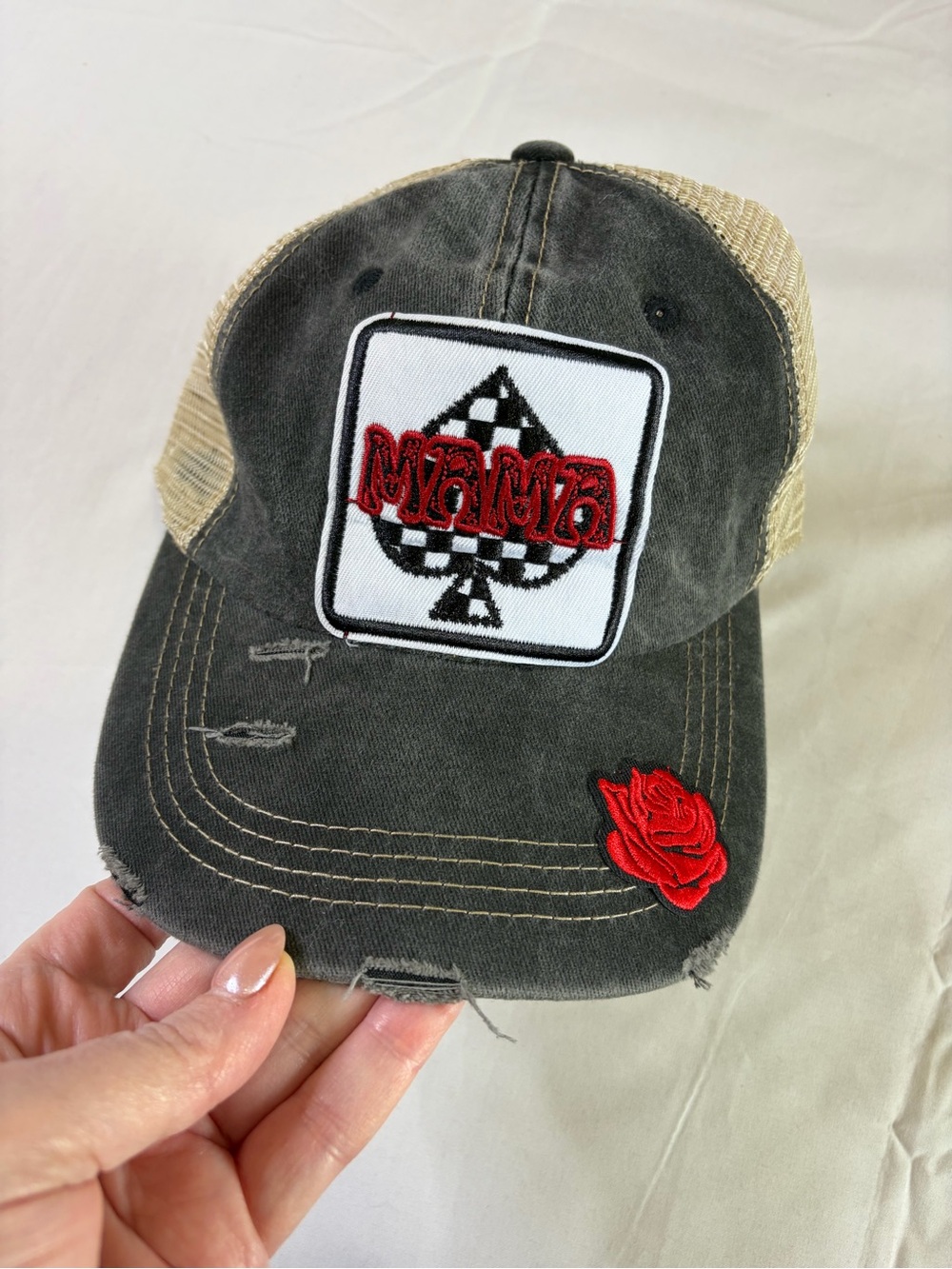 Black Trucker Hat with Red Rose Patch women’s mesh back distressed cap